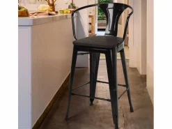 AHD Taburete Alto | taburete de metal y madera con respaldo de diseño industrial estilo steel wood back -