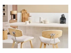 Miliboo Muebles De Bar|Taburete Alto * Taburetes de bar de diseño de terciopelo texturizado y madera clara de 69 cm de altura (juego de 2) VASCO Beige