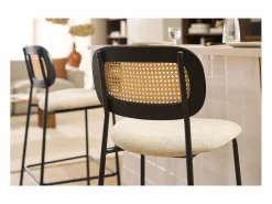 Miliboo Muebles De Bar|Taburete Alto * Taburetes de diseño en tela efecto terciopelo texturizado , metal negro y mimbre (juego de 2) MIRANDA Beige
