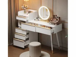 Tocador con tablero extensible - 100 x 41,5 x 102 cm - con 6 cajones + espejo LED - aglomerado - < Merax New