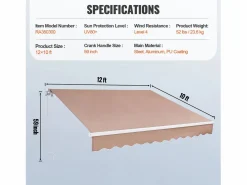 Toldo Retráctil Manual para Patio SucceBuy, 366 x 305 CM, Toldo Retráctil para Patio, Protección Solar con Manivela <