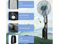 Aire Acondicionado, Ventilación * Ventilador de pedestal 2 en 1 con nebulizador de 2,8 L, función de nebulización, de metal, 120 cm de altura, (44,5 x 44,5 x 120 cm) Negro