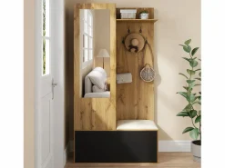 Vestidor con espejo - 100 x 38 x 191 cm - con zapatero + armario + 2 puertas + banco - MDF - natural < Merax Hot