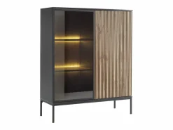 Vitrina de 2 puertas con LED en MDF y vidrio ahumado - Natural y Negro - OVILA < Vente-unique Discount