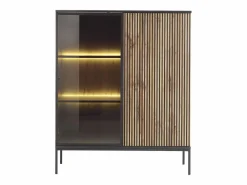 Vitrina de 2 puertas con LED en MDF y vidrio ahumado - Natural y Negro - OVILA < Vente-unique Discount
