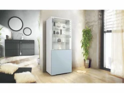 Vitrina * Vitrina Granada, Armario Vitrina Made in Germany con Puerta de Cristal e Inserto de Cristal, blanco mate/mezclilla mate (50 x 122,5 x 34,5 cm) Azul celeste