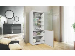 Vitrina * Vitrina Granada, Armario Vitrina Made in Germany con Puerta de Cristal e Inserto de Cristal, blanco mate/mezclilla mate (50 x 122,5 x 34,5 cm) Azul celeste