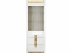 Vitrina 1 puerta 2 cajones con LED Helios Blanco lacado y Madera < Petits-Meubles Sale