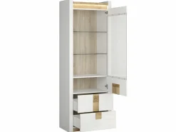 Vitrina 1 puerta 2 cajones con LED Helios Blanco lacado y Madera < Petits-Meubles Sale